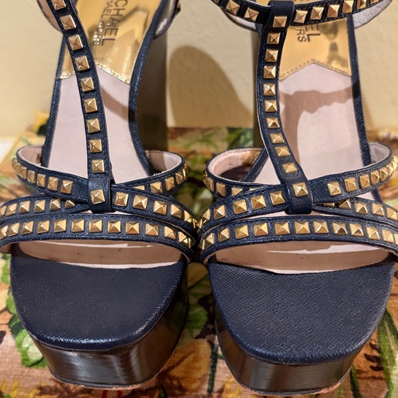 Michael Kors Dark Navy and Gold Wedge Sandals - Picture 9 of 10